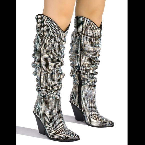 Cape Robbin Diamond Rider Rhinestone Glamour Western Slouch Draped Knee Boots - Picture 14 of 17